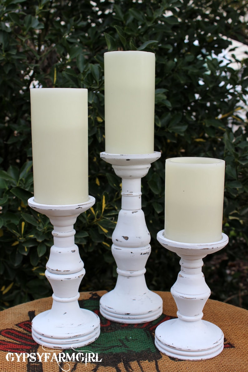 Set of 3 White Distressed Candle Holders Candle Sticks Etsy