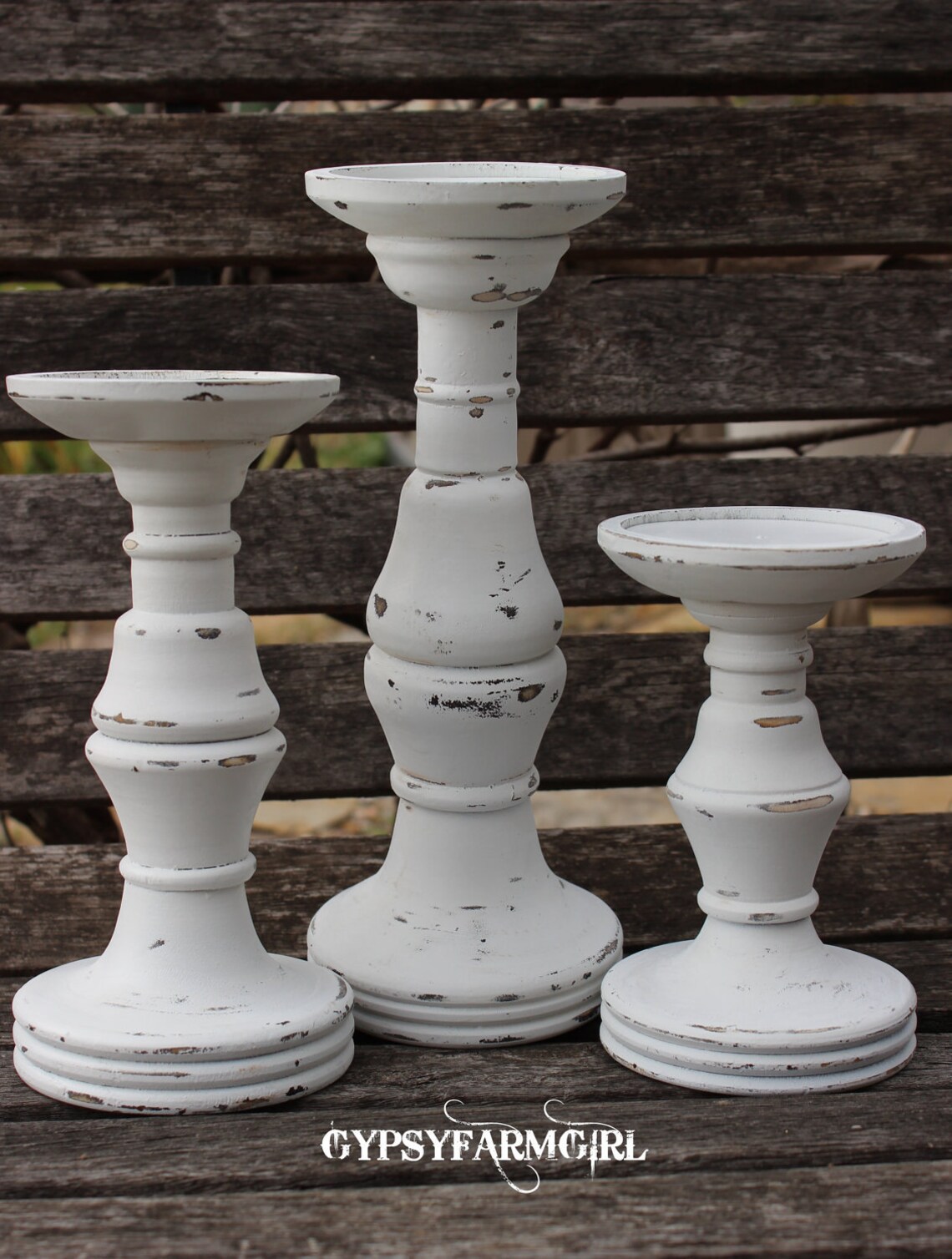 Set of 3 White Distressed Candle Holders Candle Sticks Etsy