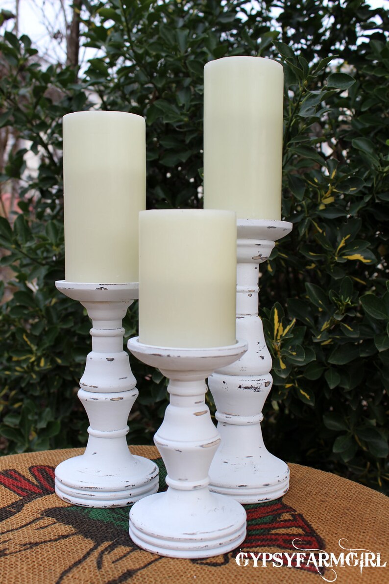 Set of 3 White Distressed Candle Holders Candle Sticks Etsy