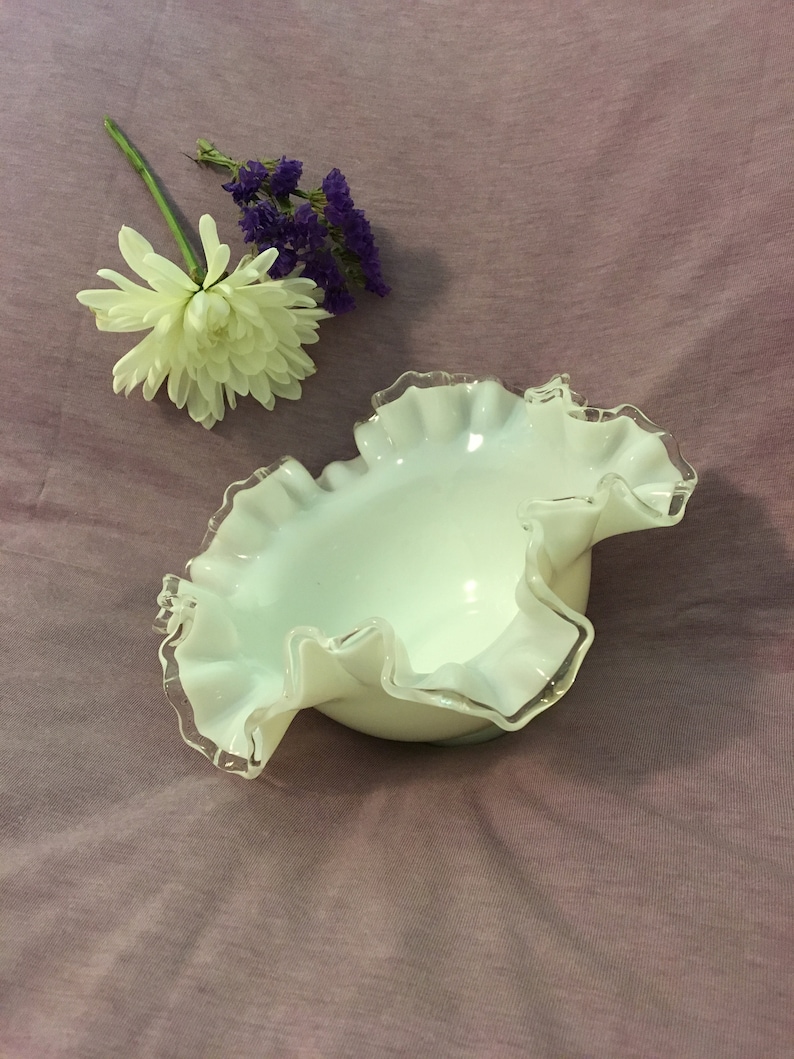 Fenton White Milk Glass Ruffled Bowl Vintage Silver Crest | Etsy