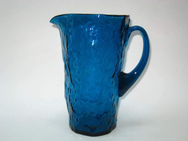 9 Mid Century Water Jug Morgantown Glass Crinkle SAN JUAN 54 oz Pitcher in PEACOCK Blue