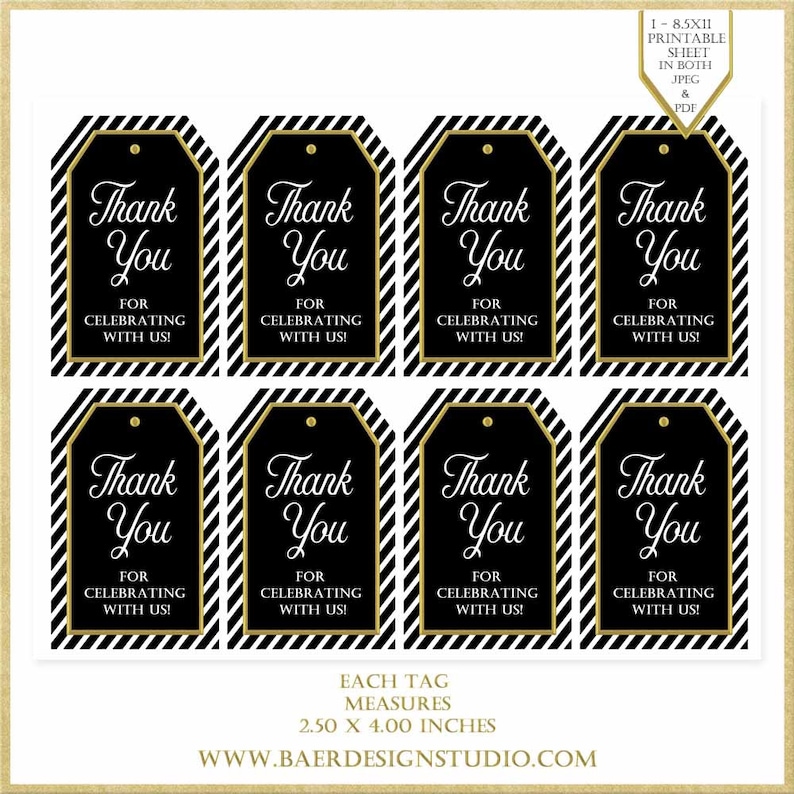 Black and Gold Thank You Tags 80th birthday tags Printable | Etsy