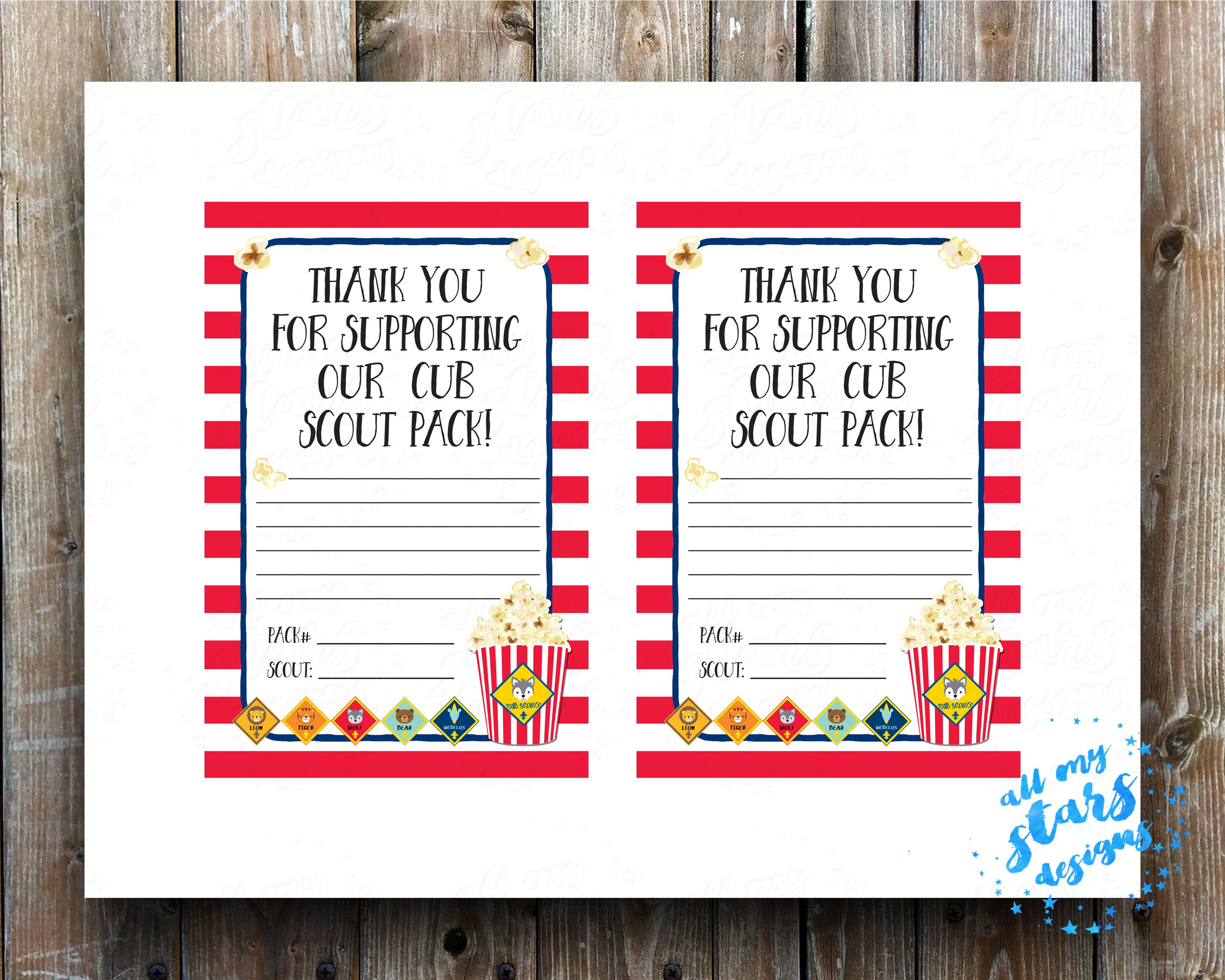 Cub Scout Popcorn Thank You Card 4x6 Thank You Tag | Etsy
