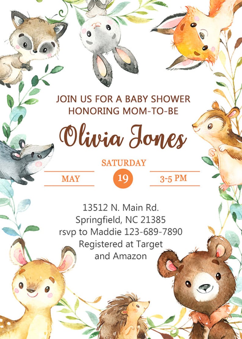 Forest Animals Woods Woodland Bear Deer Fox Raccoon Bunny Digital Printable WOODLAND BABY SHOWER Invitation Boy Baby Shower Invite