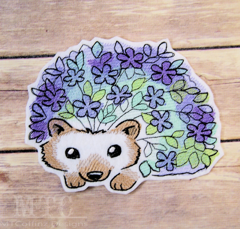 Baby Hedgehog Purple Green Floral Flowers Iron On Embroidery Patch MTCoffinz Choose Size