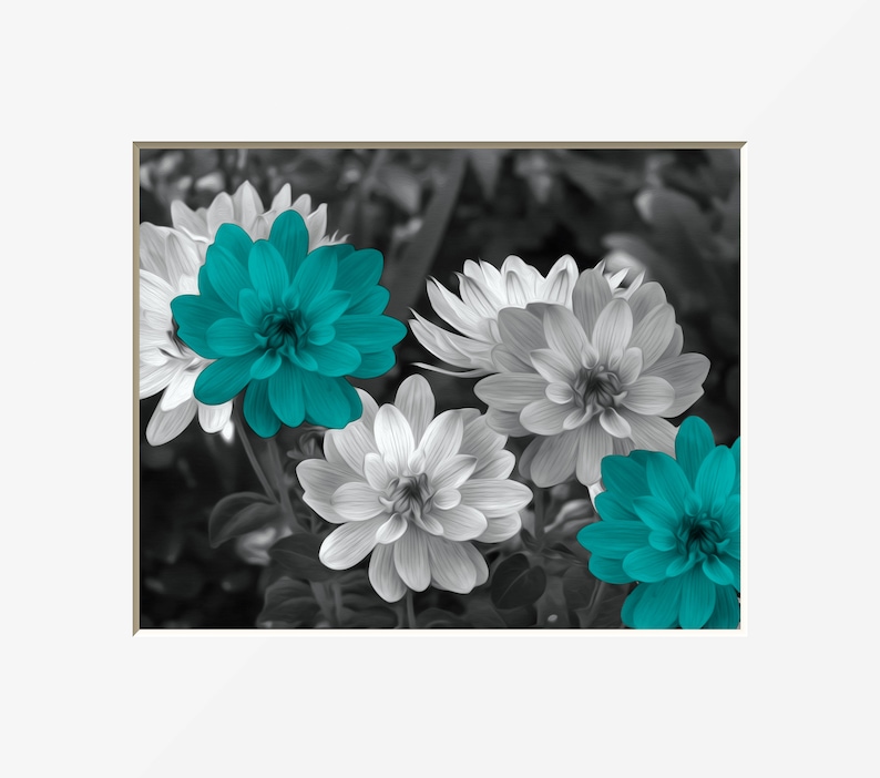 Black White Teal Wall Decor Teal Flower Decor Teal Gray Home Etsy