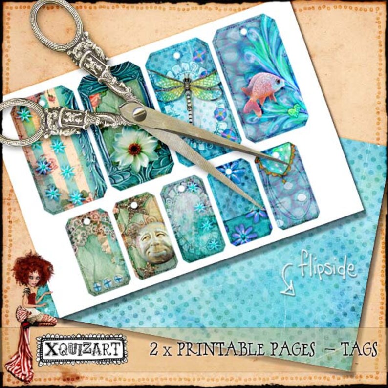 printable tags blue waterbutterfly junk journal vintage etsy