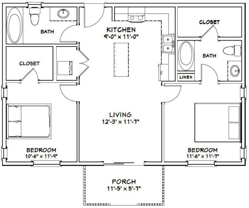 36x24 House 2-Bedroom 2-Bath 864 sq ft PDF Floor Plan | Etsy