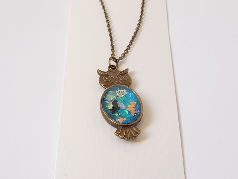 18 Inch Bronze Chain and Lobster Clasp Resin Pendant Necklace Bronze Mermaid Owl Pendant Necklace with Bronze Chain
