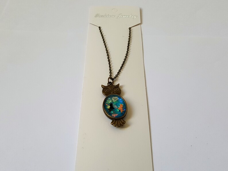18 Inch Bronze Chain and Lobster Clasp Resin Pendant Necklace Bronze Mermaid Owl Pendant Necklace with Bronze Chain