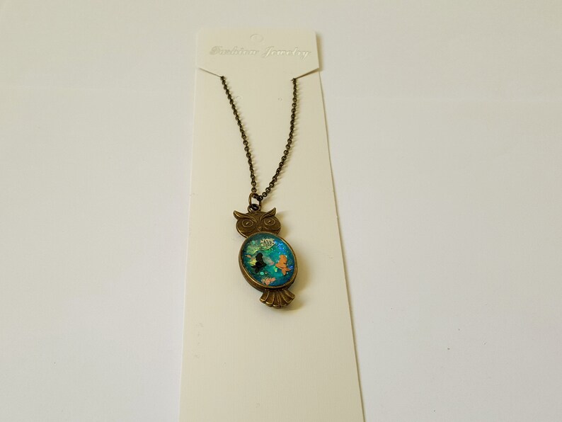 18 Inch Bronze Chain and Lobster Clasp Resin Pendant Necklace Bronze Mermaid Owl Pendant Necklace with Bronze Chain