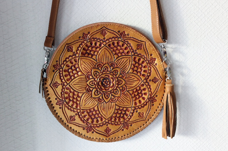 ROUND LEATHER BAG in Hand Tooled Vintage Gold / Beautiful Hand | Etsy