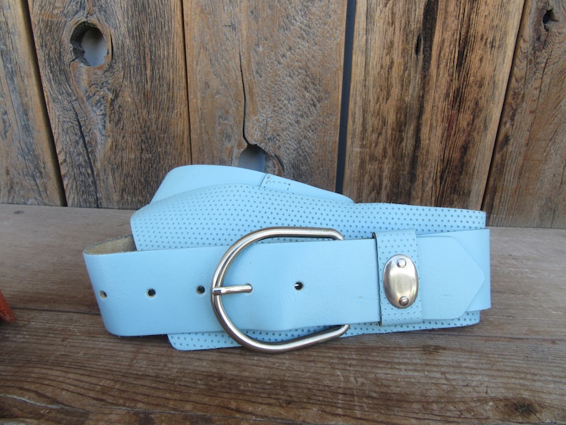 80s Sky Blue Wide Leather Waist Belt Perforated Leather Asymmetrical 1980s Statement Belt 26.5 to 33 M L