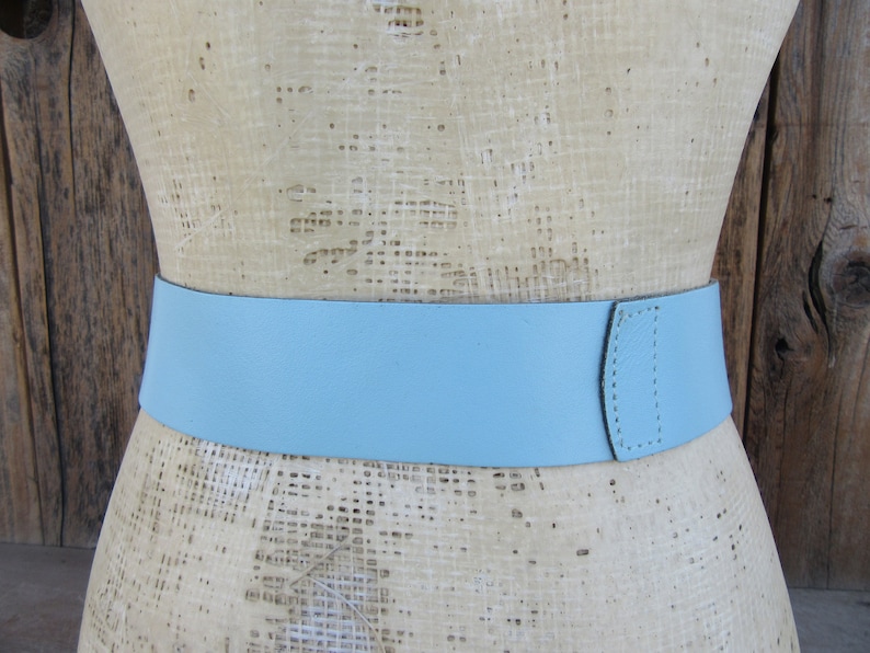 80s Sky Blue Wide Leather Waist Belt Perforated Leather Asymmetrical 1980s Statement Belt 26.5 to 33 M L