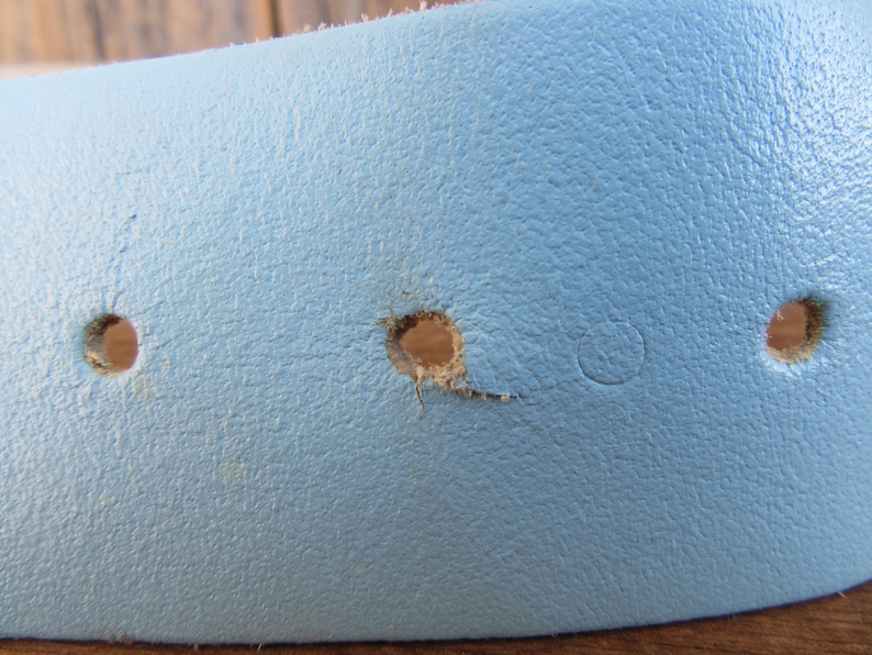 80s Sky Blue Wide Leather Waist Belt Perforated Leather Asymmetrical 1980s Statement Belt 26.5 to 33 M L