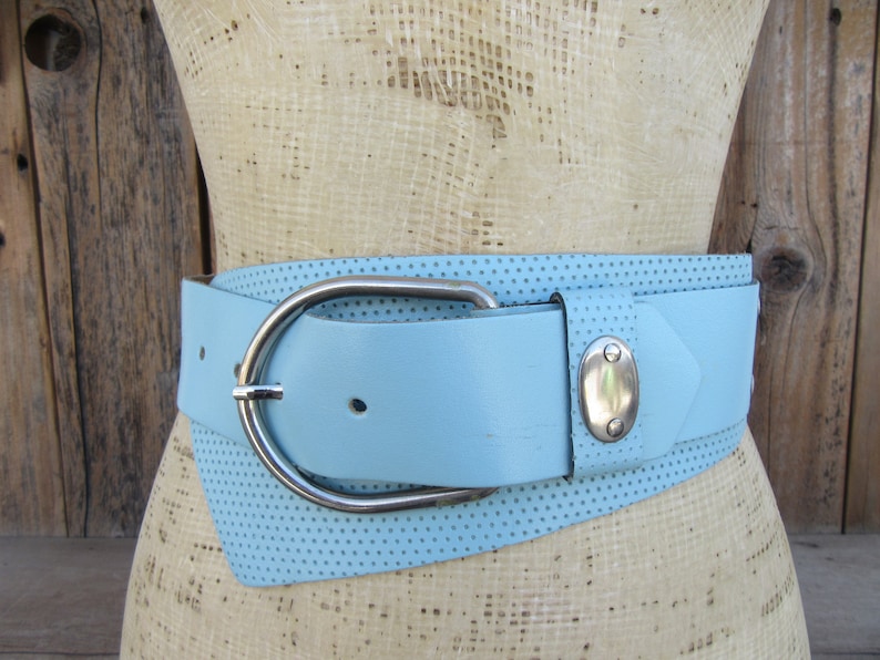 80s Sky Blue Wide Leather Waist Belt Perforated Leather Asymmetrical 1980s Statement Belt 26.5 to 33 M L