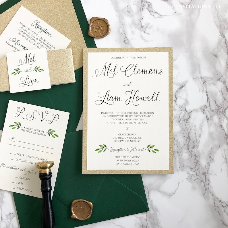 Green and Gold Glitter Wedding Invitation with Greenery Green | Etsy