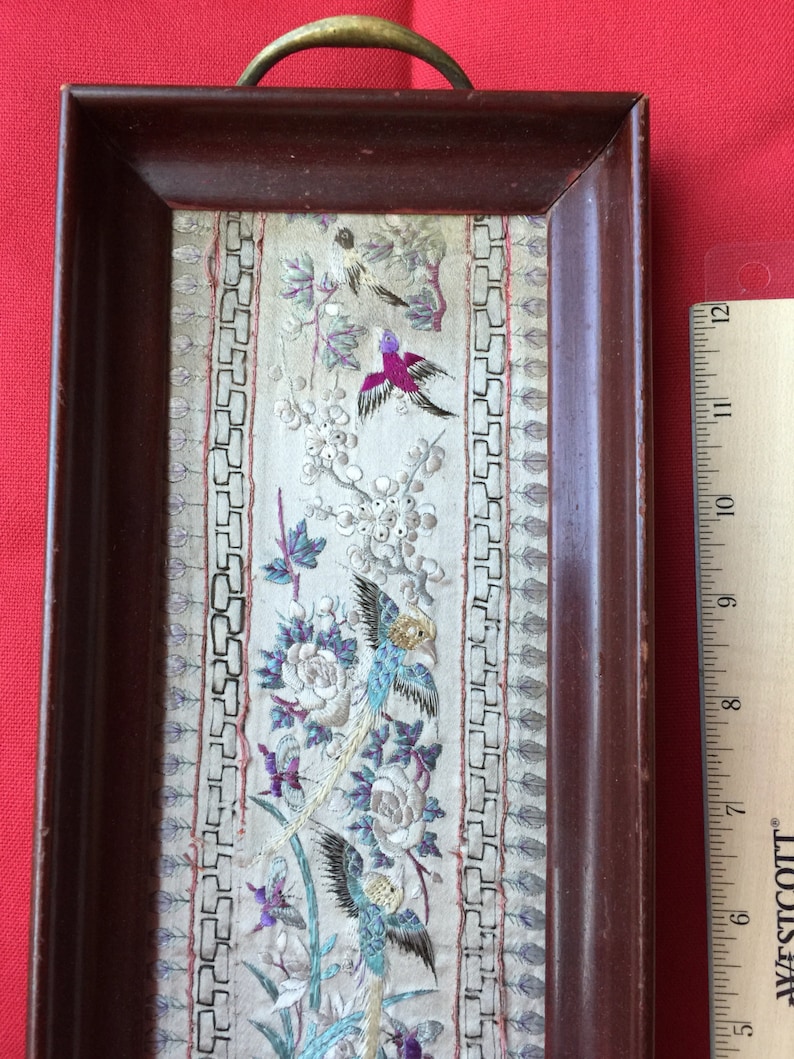 Antique Chinese silk Embroidered birds Panel Tapestry wooden tray vintage Asian embroidery 13.5 x 5.5