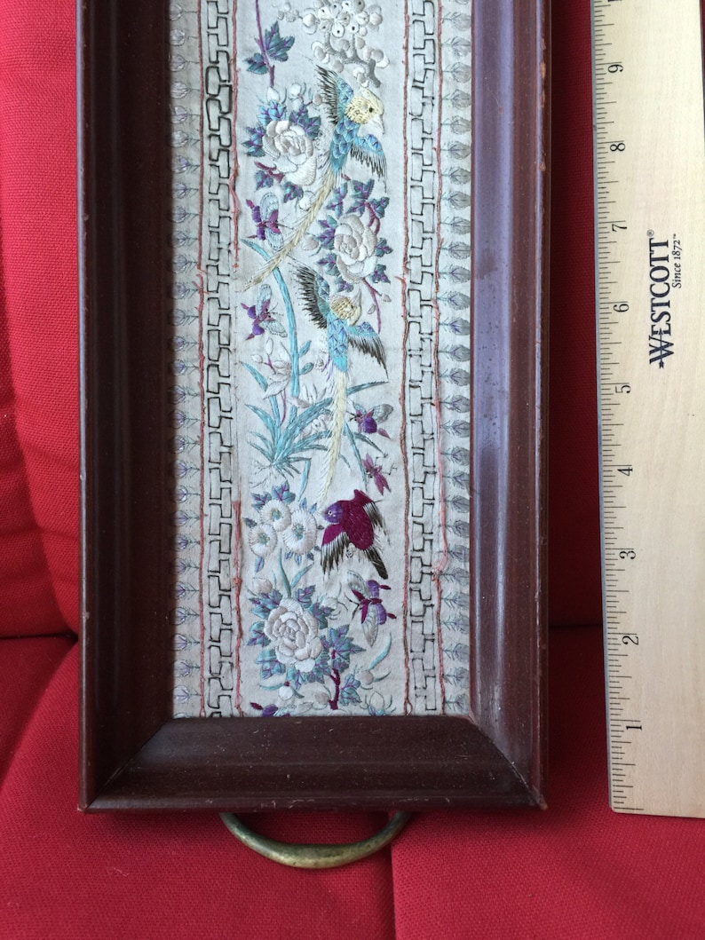 Antique Chinese silk Embroidered birds Panel Tapestry wooden tray vintage Asian embroidery 13.5 x 5.5