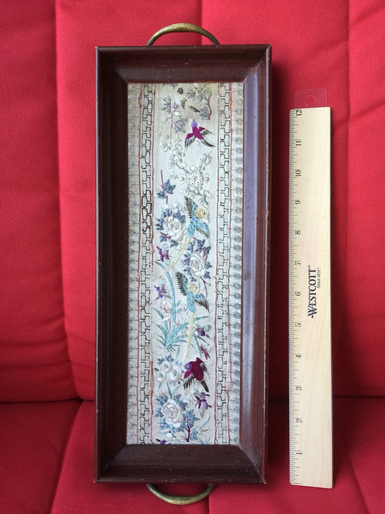 Antique Chinese silk Embroidered birds Panel Tapestry wooden tray vintage Asian embroidery 13.5 x 5.5