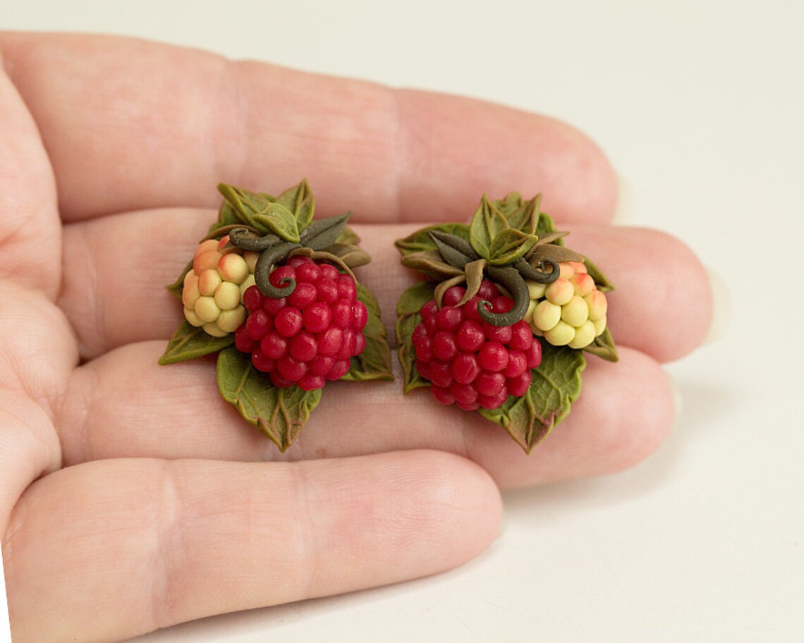 Raspberry Earrings. Nature jewelry. Red berry earrings. Etsy