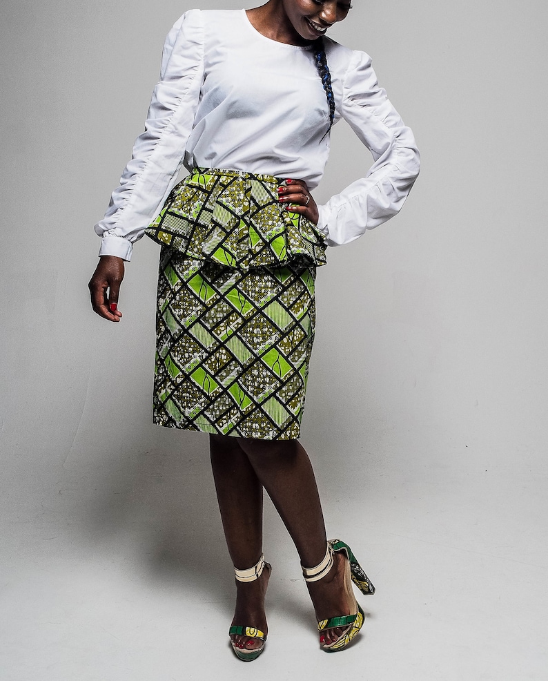 African Print Peplum Skirt Size UK 12 Pencil Skirt Green Skirt | Etsy