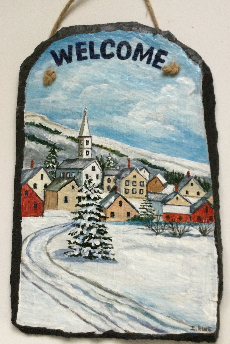 Welcome Winter village slate painted with acrylic Size 8 x 12 Price 45.00
