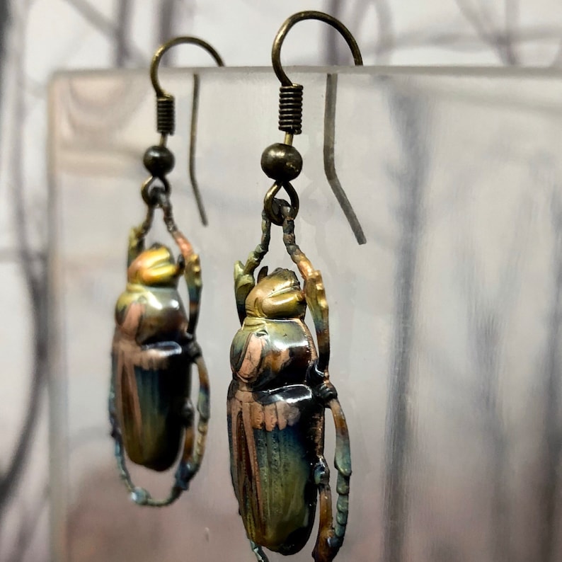 Beetle Earrings Egyptian Scarab Beetles Iridescent Flame | Etsy